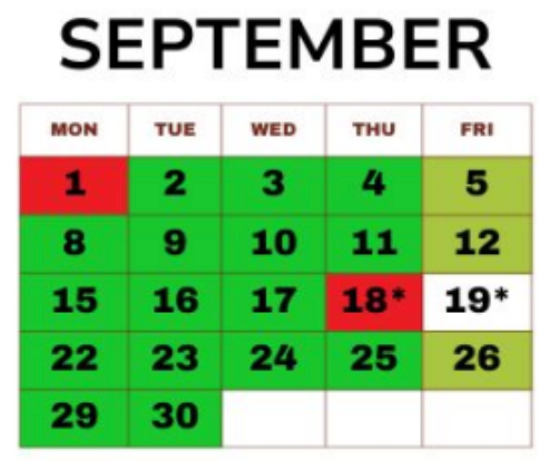 September calendar with green and red highlighting; 18th and 19th marked with asterisks.