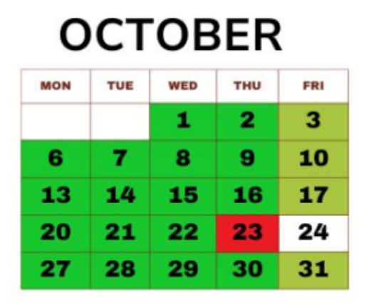 October calendar. Green indicates available, red indicates unavailable.