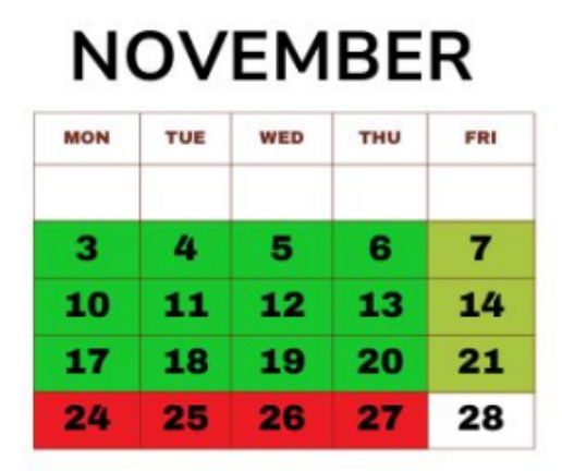 November calendar grid, with some dates highlighted in green and red.