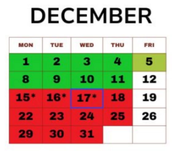 December calendar with green, red, and white dates, 17th highlighted.