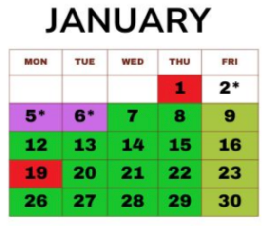January calendar with numbered dates. Dates are colored green, red, or purple. Asterisks indicate notes.