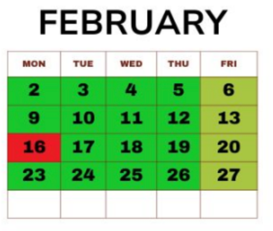 February calendar, highlighting the 16th in red, with the rest of the weekdays colored green.