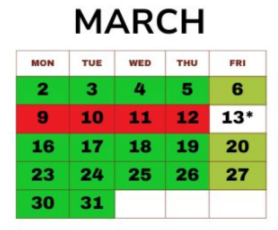 March calendar with green-highlighted days and red-highlighted days; Friday the 13th marked with an asterisk.