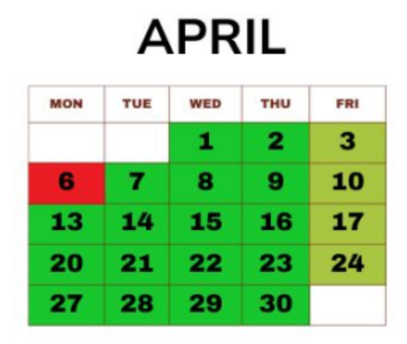 April calendar, highlighting the 6th in red and the 1st, 3rd, 17th, and 24th in green.