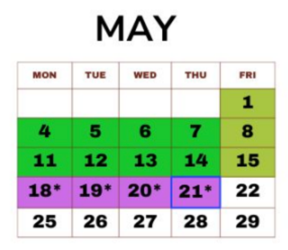 May calendar grid; green and purple highlighted dates.