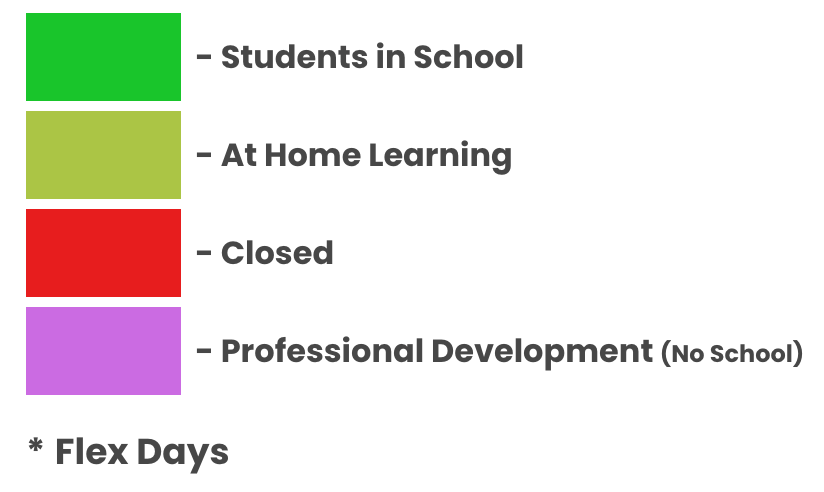 Legend: School status color codes; green=in school, yellow=at home learning, red=closed, purple=professional development.