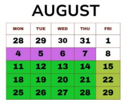 August calendar with highlighted dates.