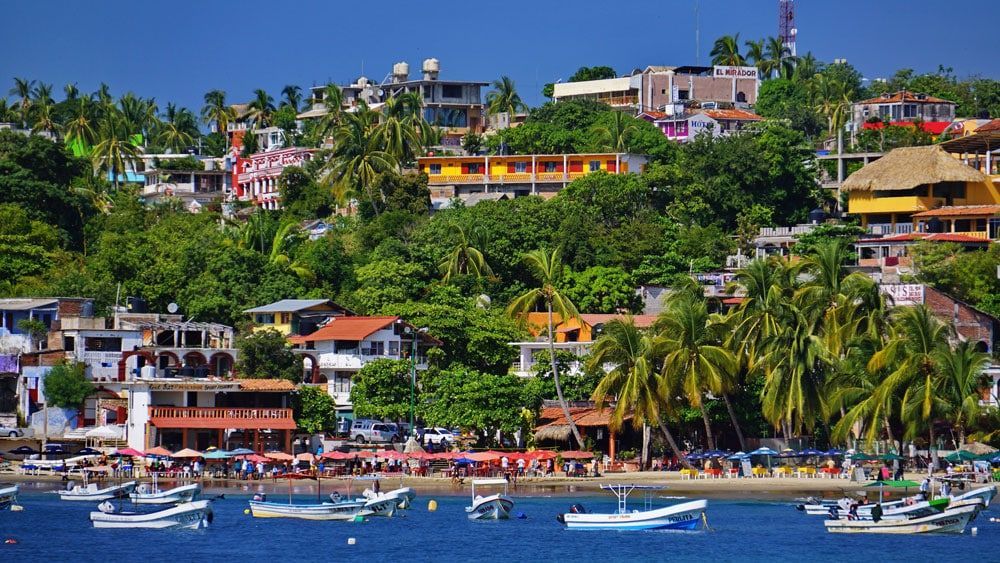 Coastal Puerto Escondido located on a sloping hillside, palm trees, boats in the water, and a blue sky.