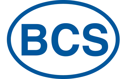 Un logo blu e bianco per bcs in un cerchio blu