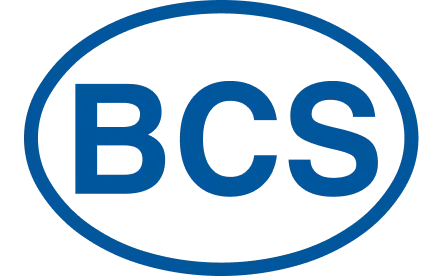 Un logo blu e bianco per bcs in un cerchio blu