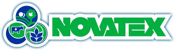 Un logo novatex verde e blu su uno sfondo bianco