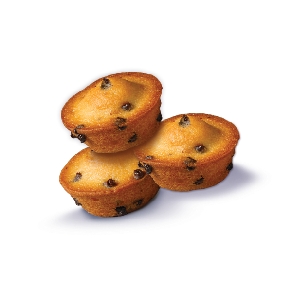 Three chocolate chip muffins are stacked on top of each other