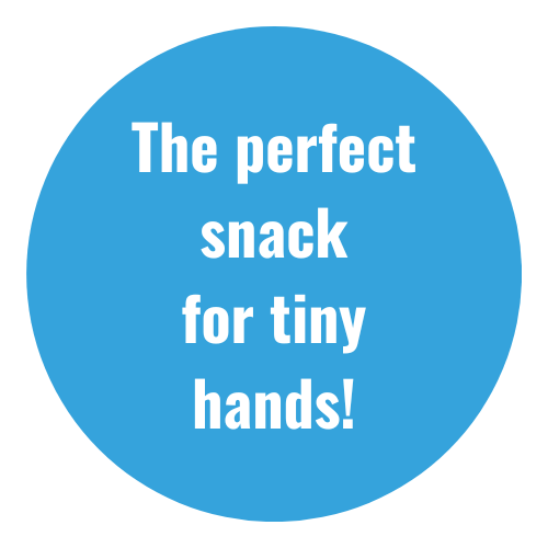 A blue circle that says the perfect snack for tiny hands