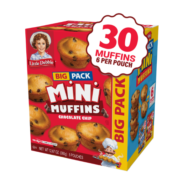 A box of big pack mini muffins with chocolate chips