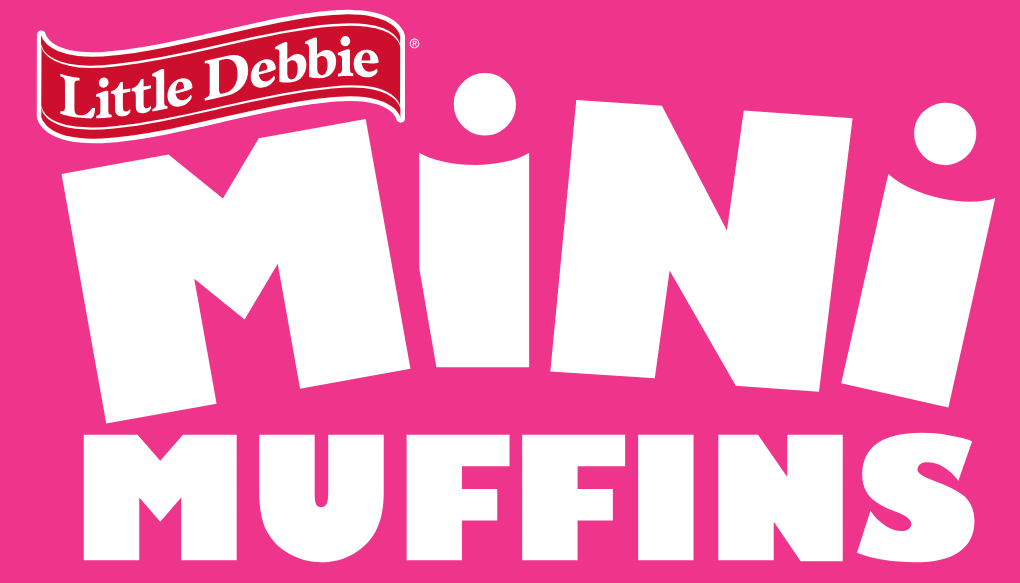 A logo for little debbie mini muffins on a pink background