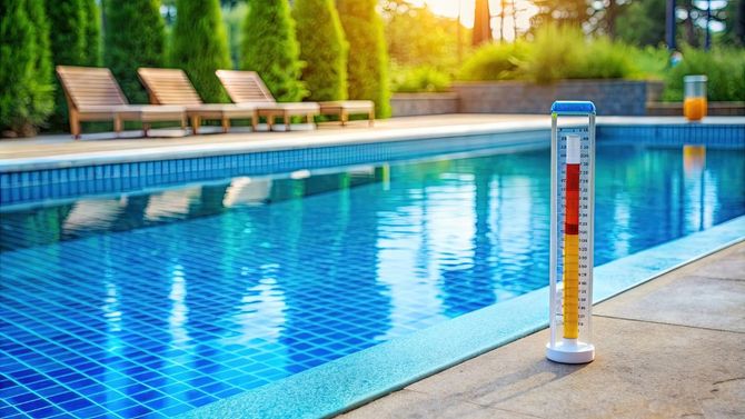 Thermometer by a sunny outdoor swimming pool with lounge chairs and blue water