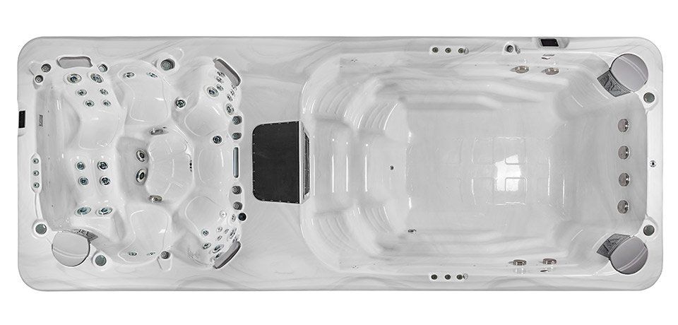 Overhead view of a white swim spa with two distinct areas: a jacuzzi and a swim lane.