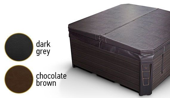Hot tub cover, dark grey or chocolate brown, with color swatches.