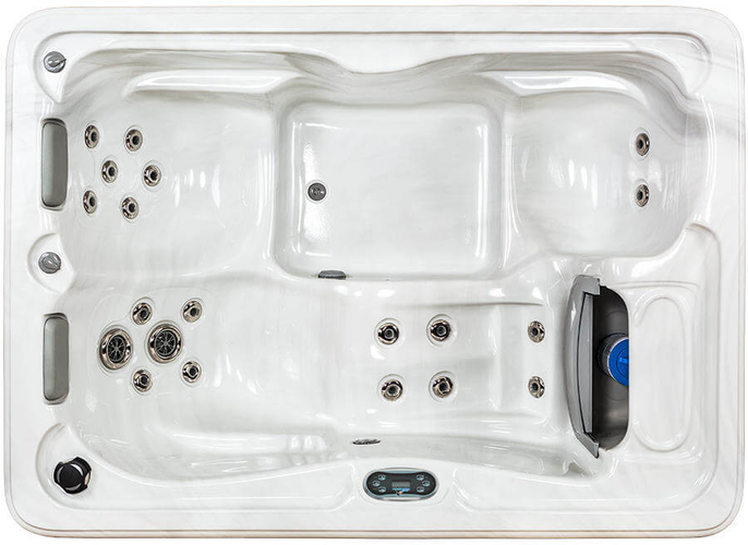 Top-down view of a white rectangular hot tub with molded seating, jet clusters, and a built-in headrest.