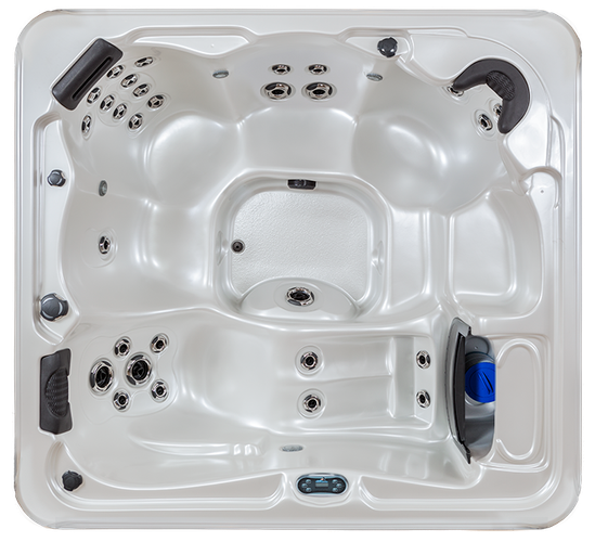 Top-down view of a square, off-white hot tub with multiple contoured seats, headrests, and integrated water jets.