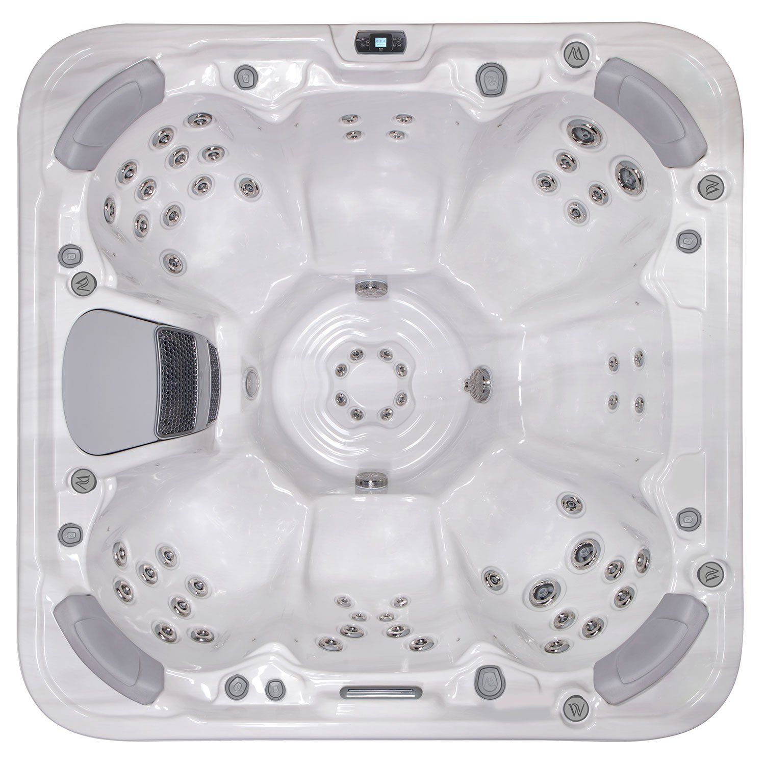 Top-down view of a white hot tub with multiple jet seats and gray headrests.