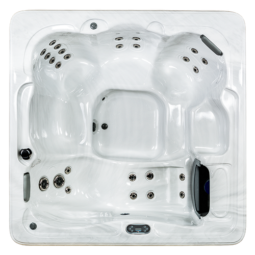 Top-down view of a white, square hot tub with contoured seating, various massage jets, and a headrest.