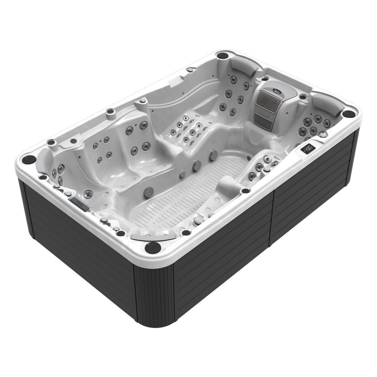 Hot tub, gray and white, rectangular with multiple seats and jets. Exterior is dark gray.