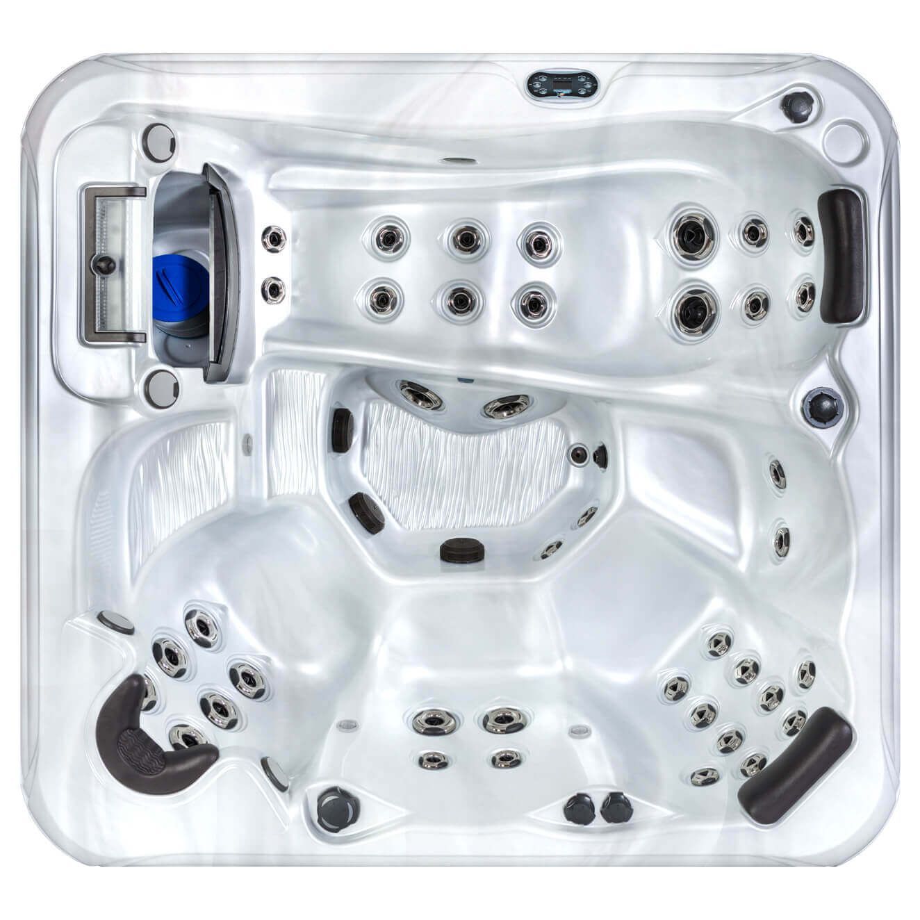 Overhead view of a white, square hot tub with integrated seating, multiple massage jets, and dark headrests.