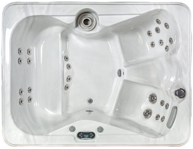 Top-down view of a white, rectangular hot tub with molded seats, multiple jets, and a digital control panel.