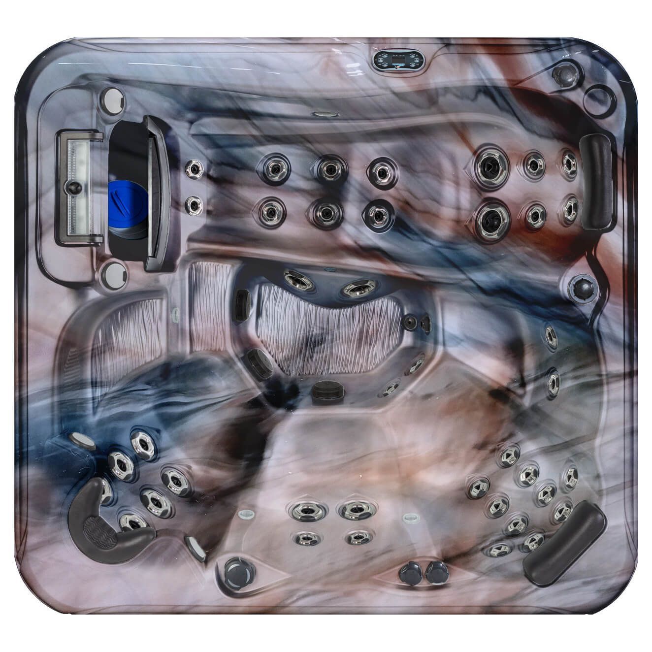 Top-down view of a square hot tub with a blue and brown marbled acrylic finish and molded seating with massage jets.
