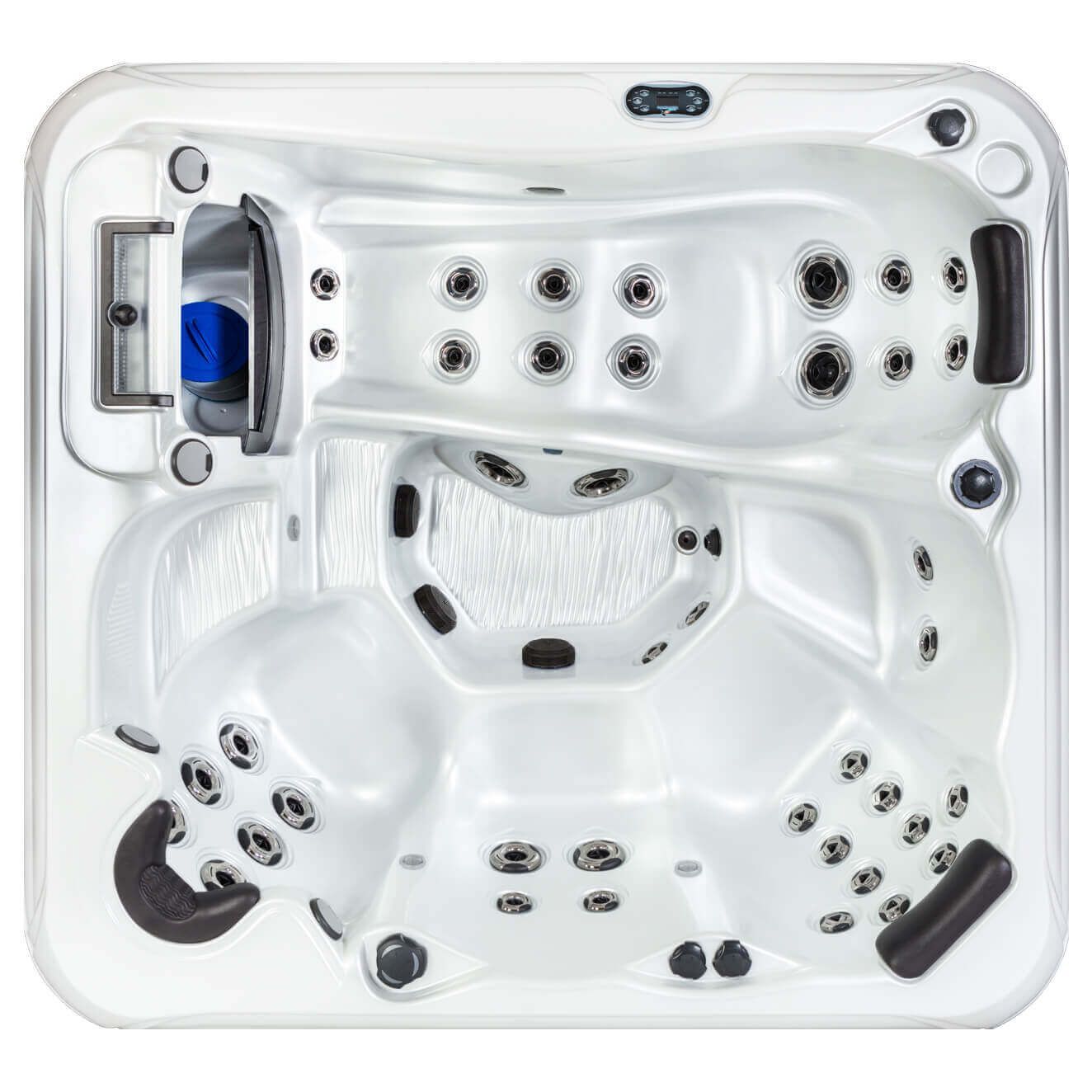 Overhead view of a square white hot tub interior with contoured seating, multiple water jets, and four headrests.