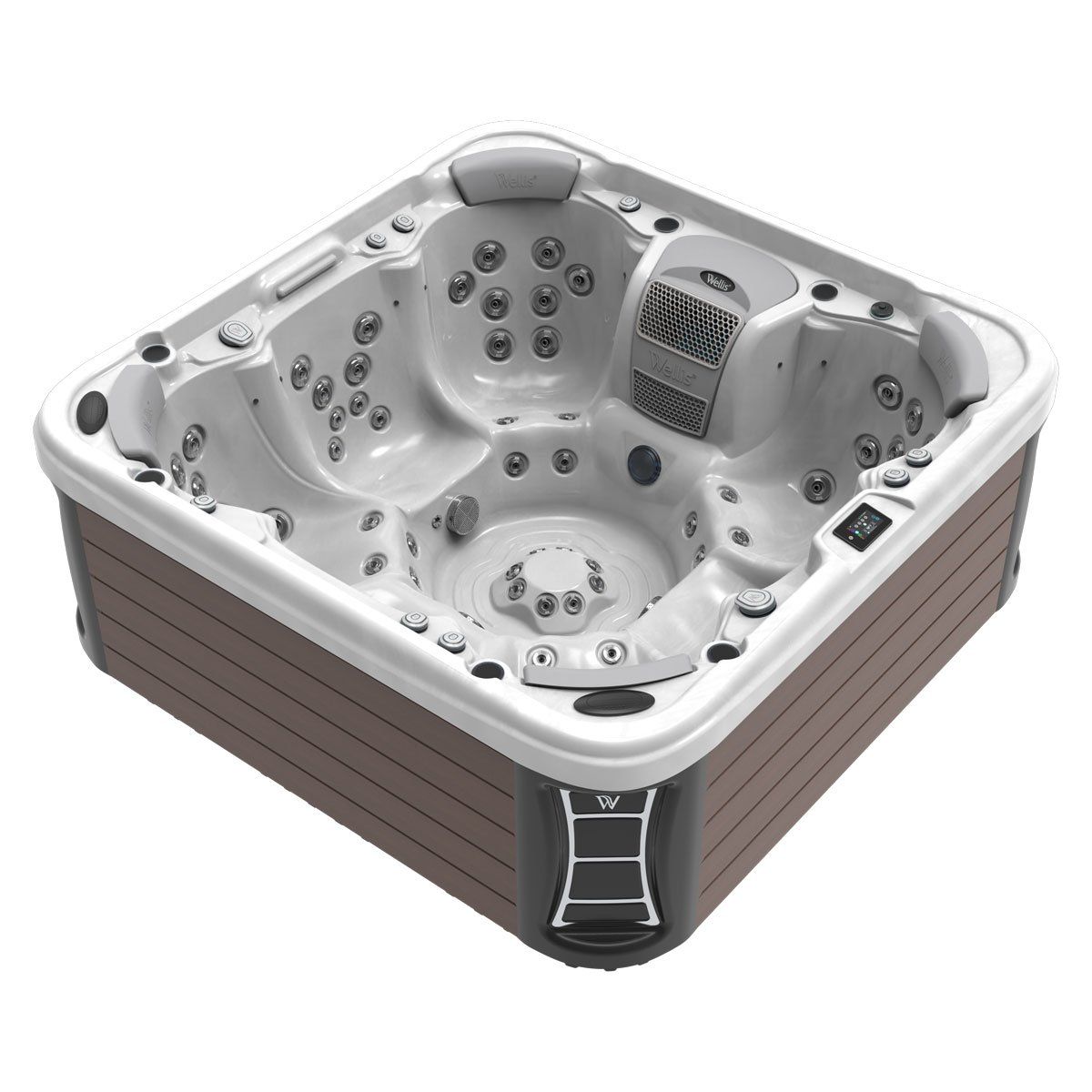 Square hot tub, white interior, brown exterior, with multiple jets and a control panel.