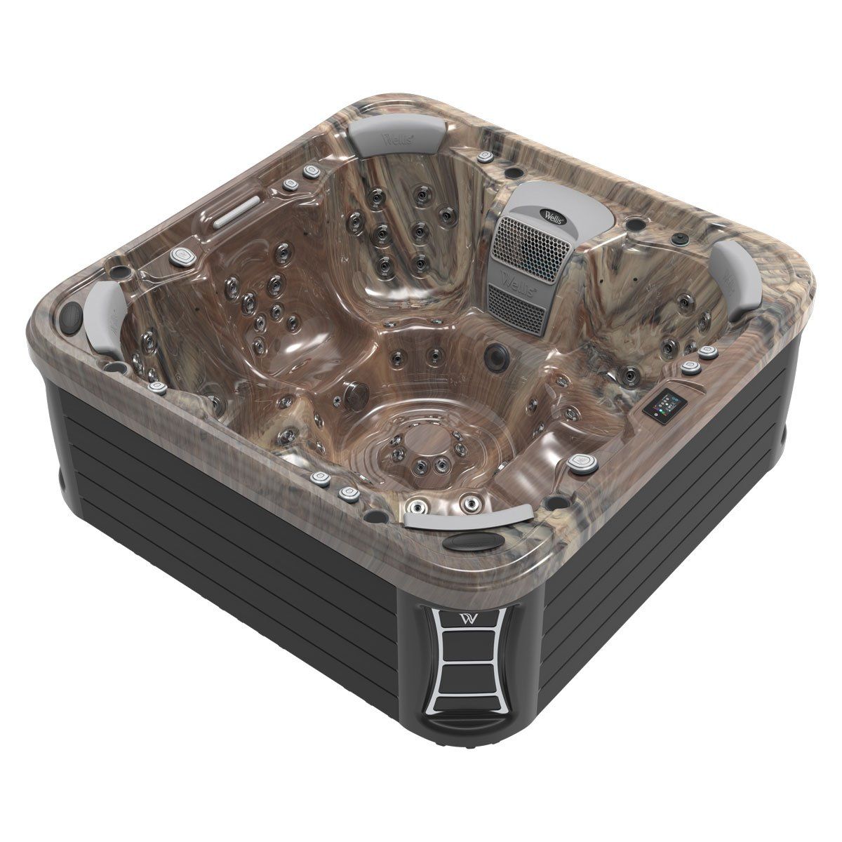 Square hot tub with a brown marbled interior and dark gray exterior.