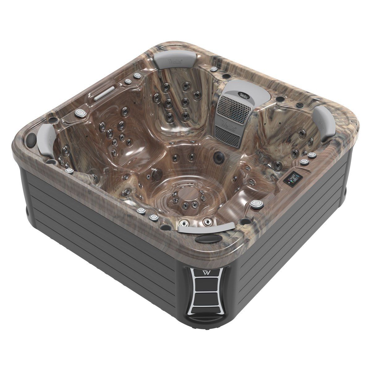A square hot tub with brown speckled interior and dark gray exterior, with control panels and jets.
