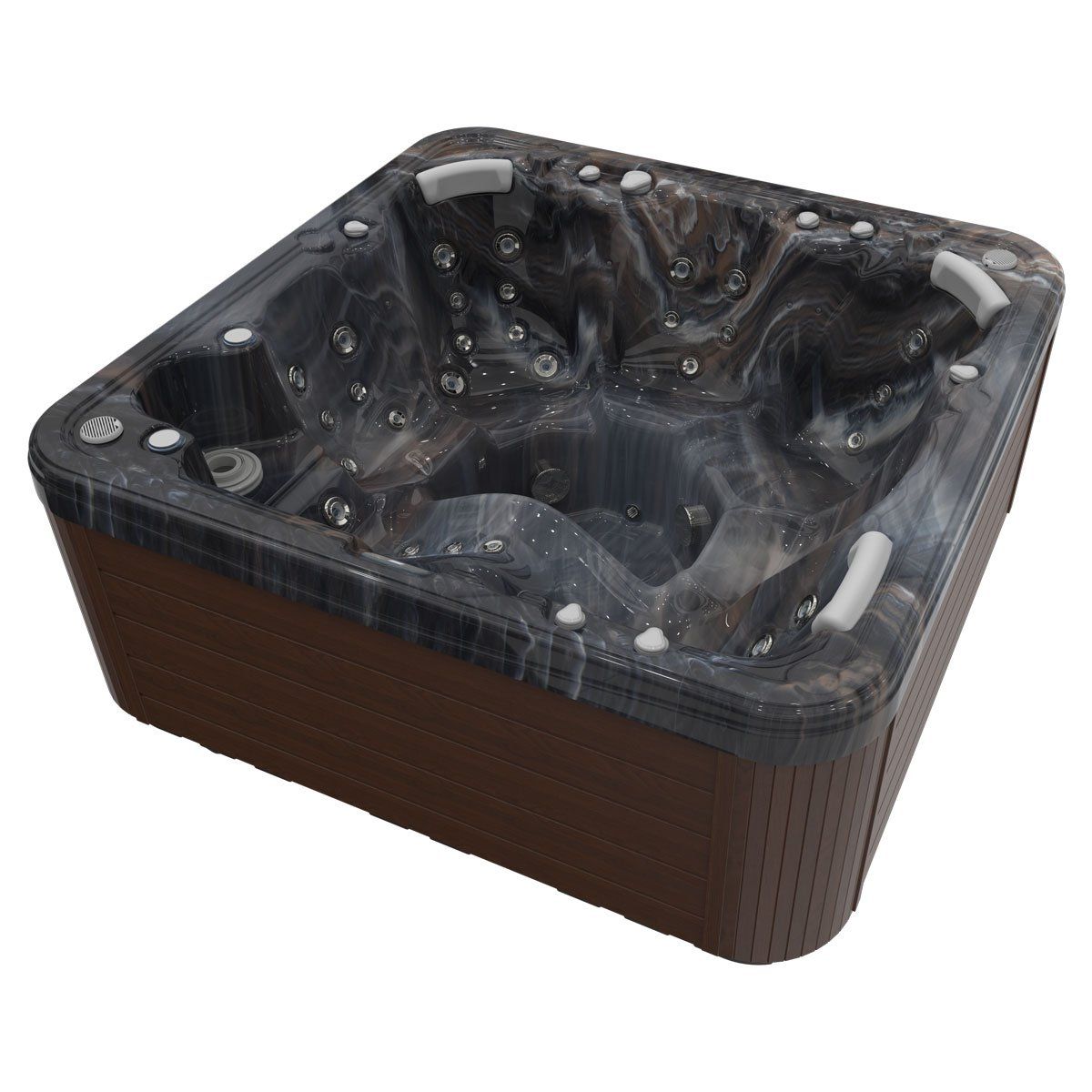 Dark gray and brown hot tub with multiple jets and seats.