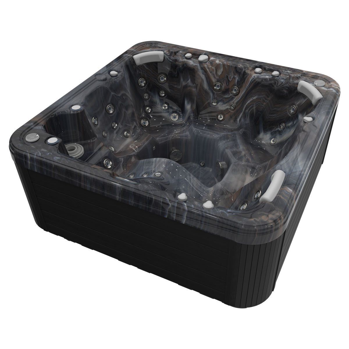 A dark, square hot tub with molded seats, jets, and a black exterior.