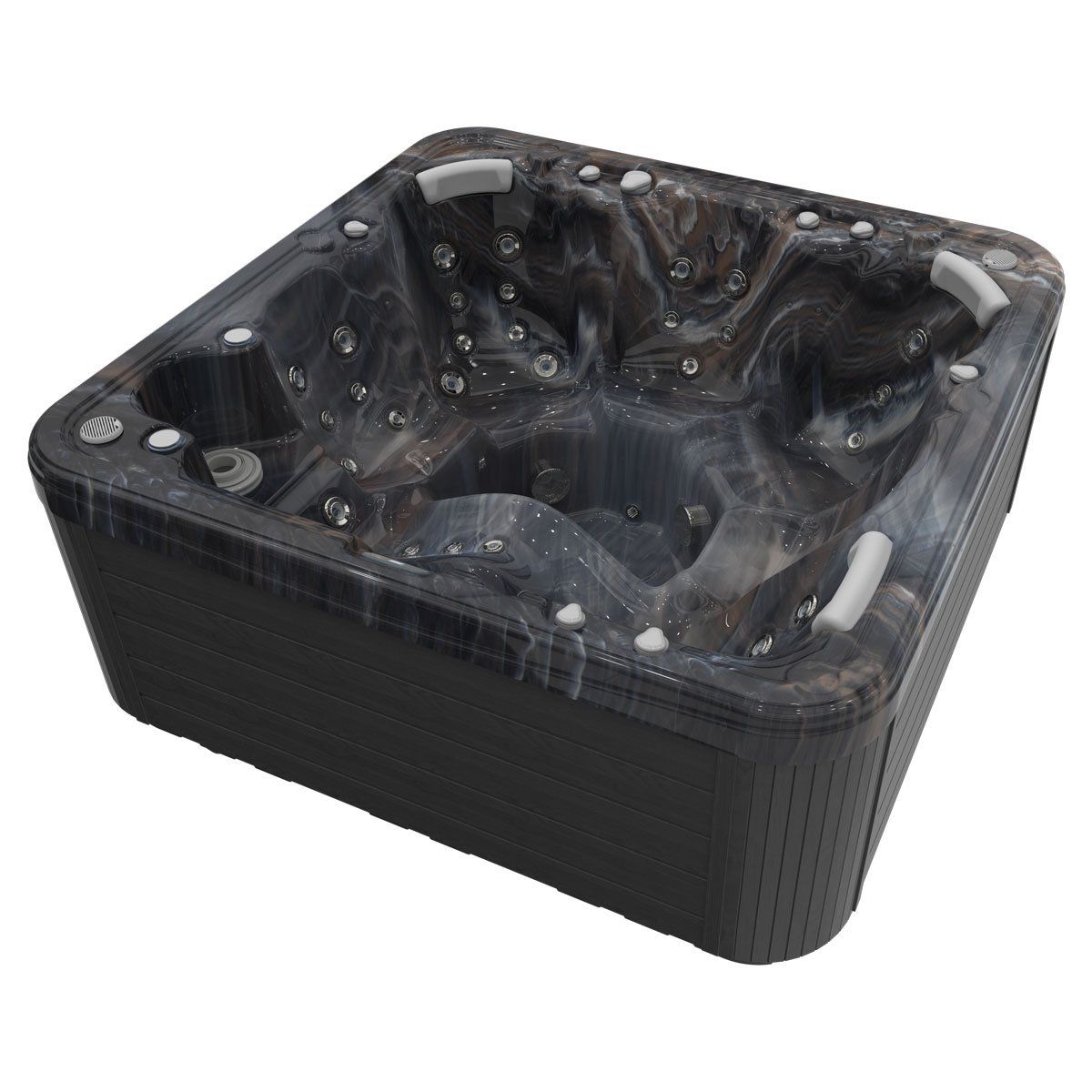 Dark-colored square hot tub with interior jets, seats, and controls.