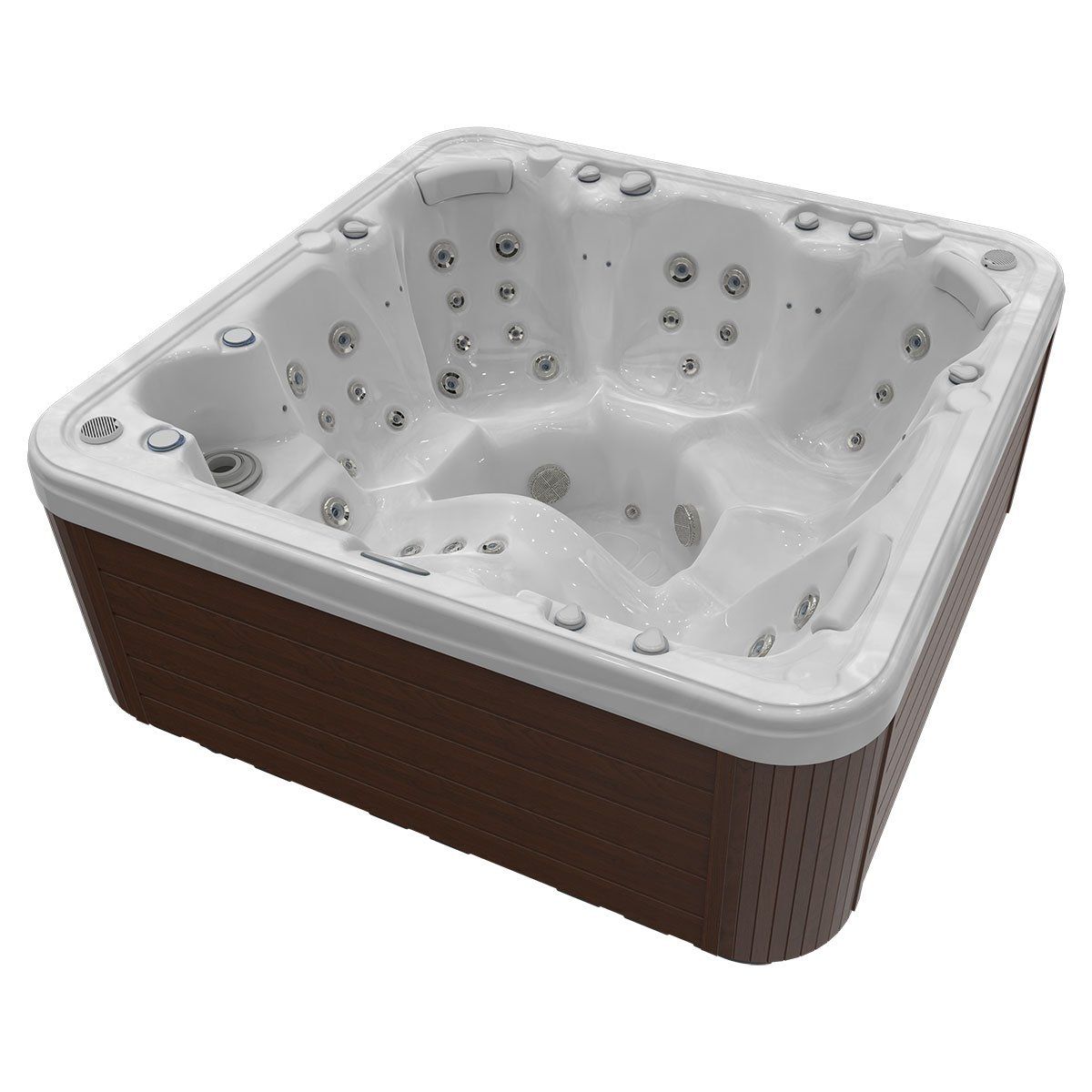 Square hot tub with brown siding, white interior, and jets.