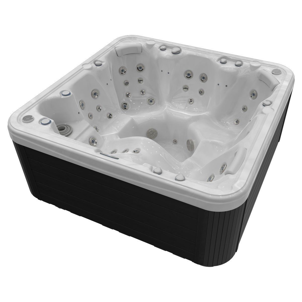 Square hot tub with multiple seats and jets.