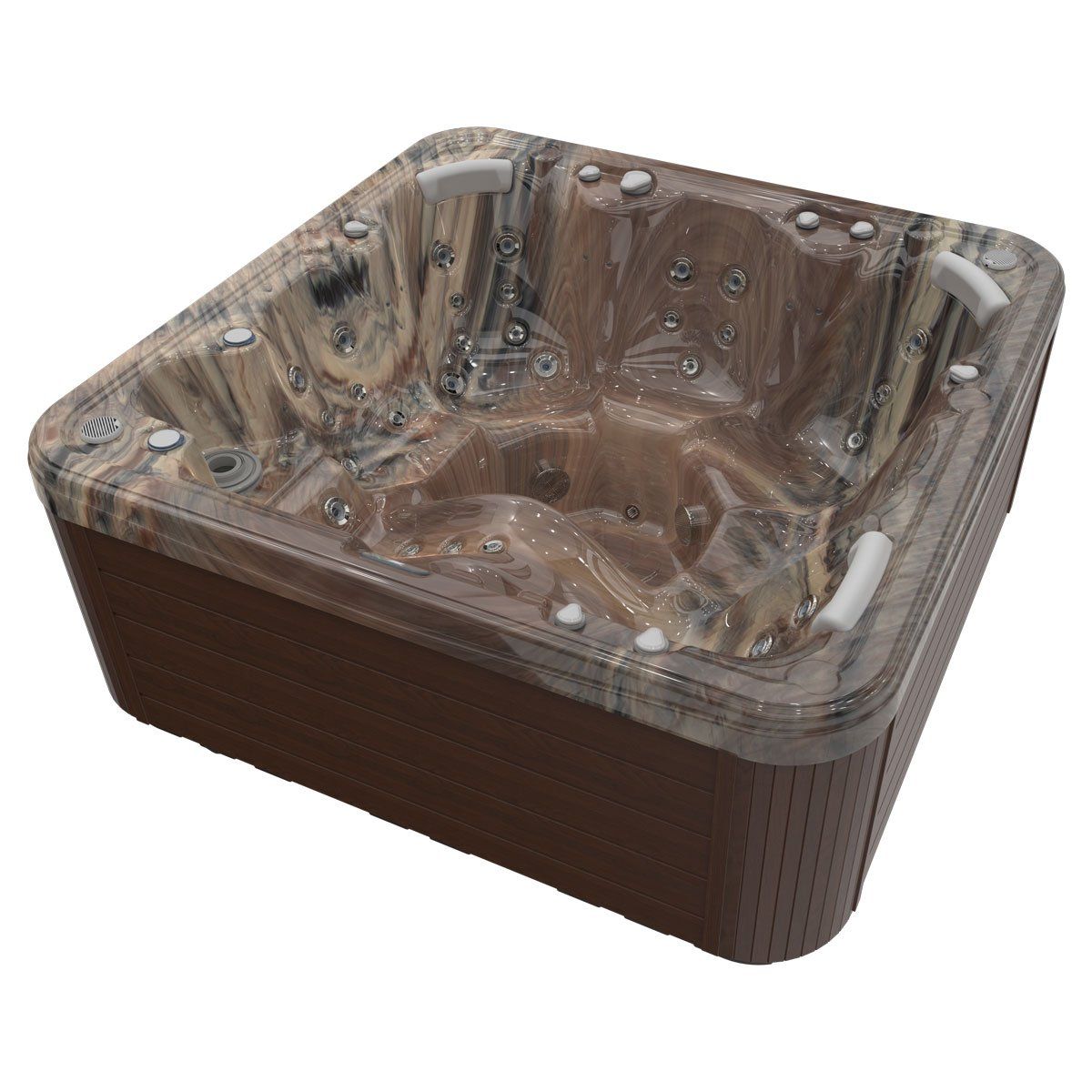 A square hot tub with brown wood paneling and marbled interior, showcasing jets and controls.