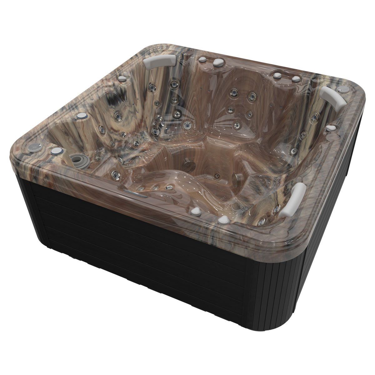Square hot tub with brown marbled interior, black exterior.