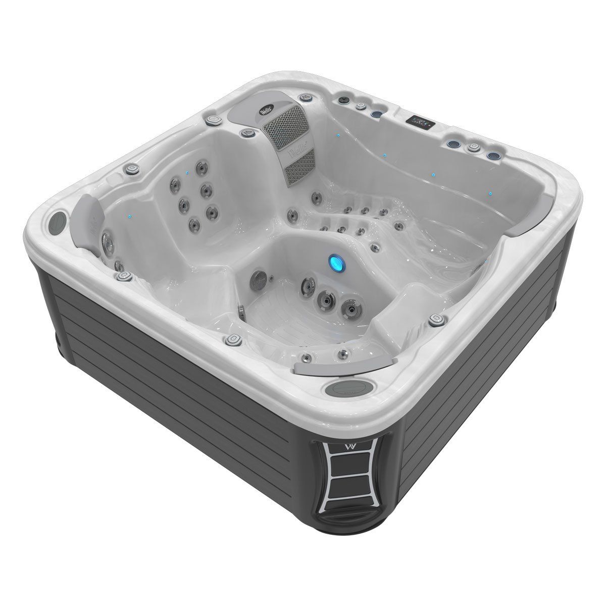 Gray and white hot tub with multiple jets, set outdoors.