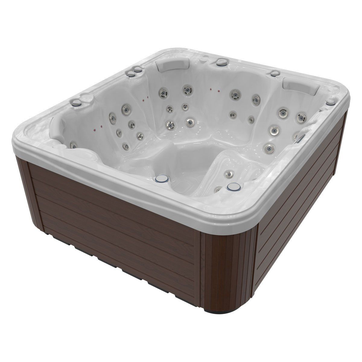 Square hot tub with brown sides and white interior, filled with water, jets visible.