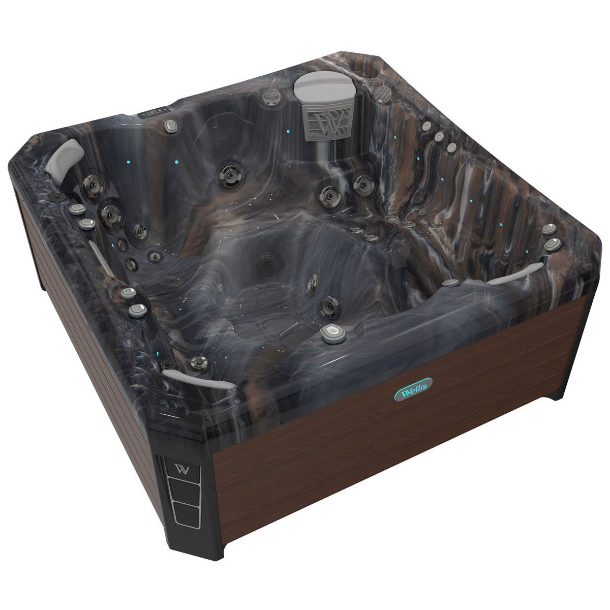 Square hot tub with brown siding and a dark gray interior. Jets and controls are visible.