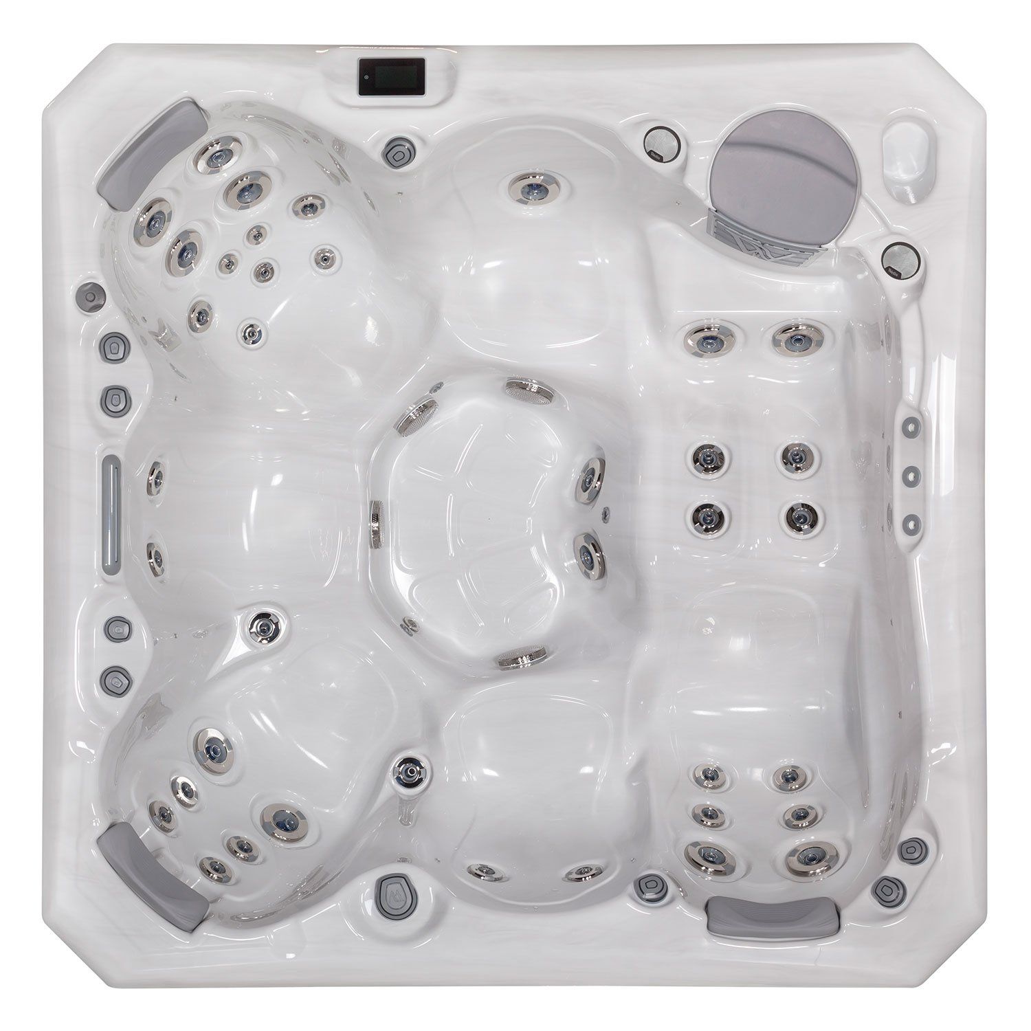 White square hot tub with multiple jet seats and a control panel.
