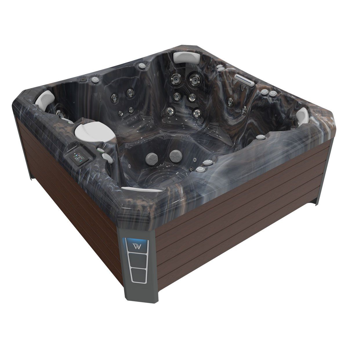 Square hot tub with brown exterior, black and gray interior, jets, and control panel.