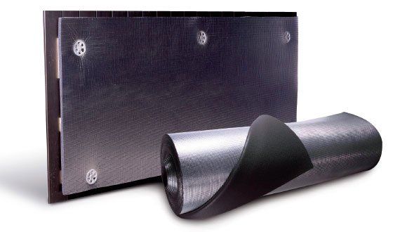 Soundproofing material: a rolled sheet and mounted panel with fasteners.