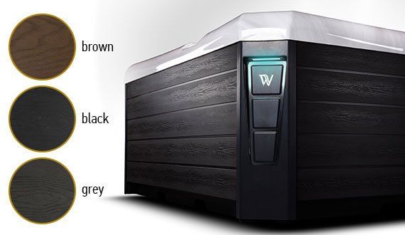 Hot tub with control panel; available in brown, black, or grey siding.