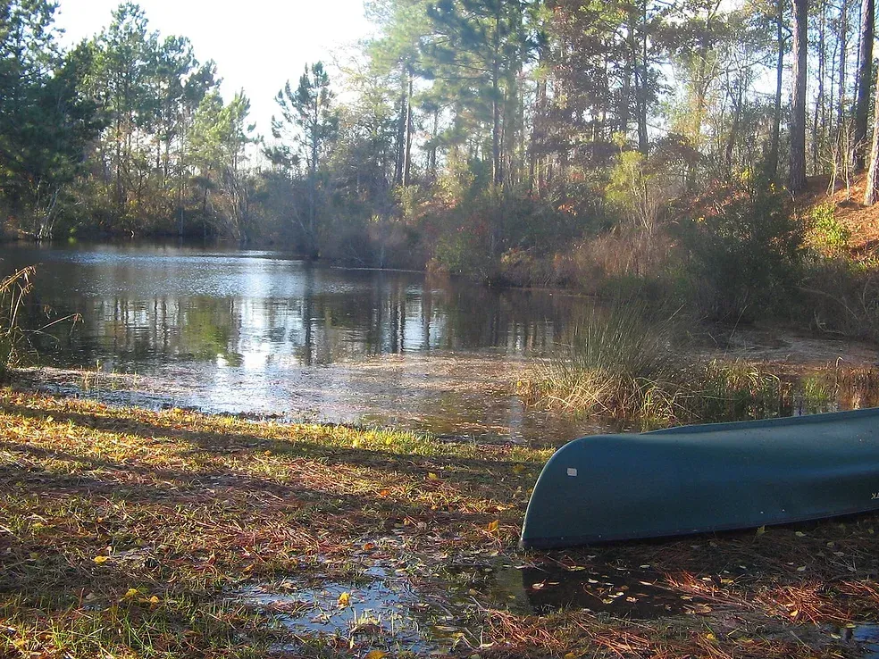 A green canoe sits on the shore of a lake