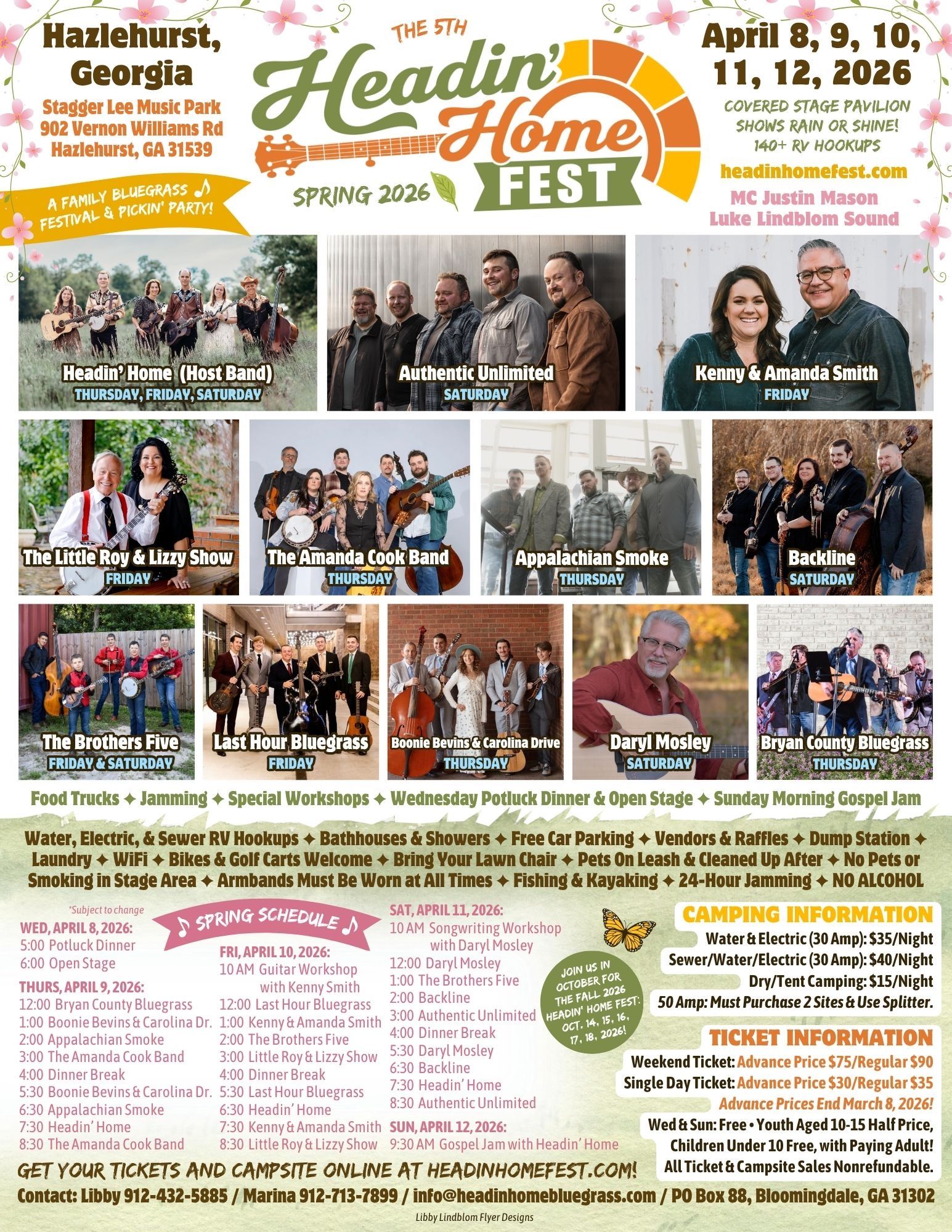 Headin' Home Fest poster: Bluegrass music festival in Hazlehurst, Georgia, with band lineups, dates, and ticket information.